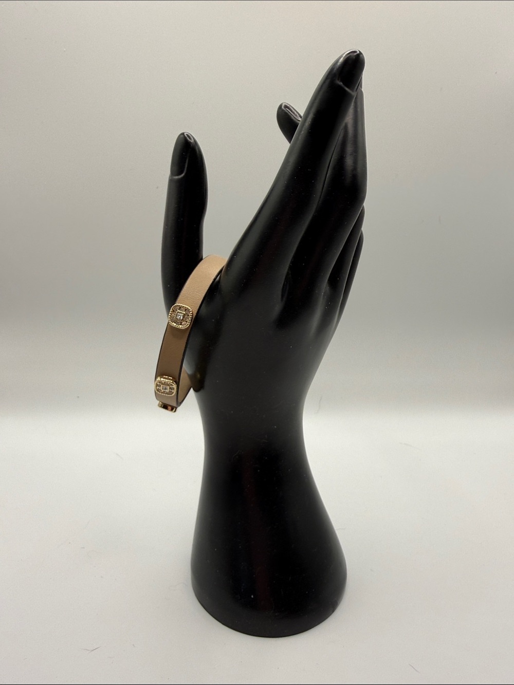 Gold-Tone Taupe Leather Wrap Bracelet with Crystal Accents
